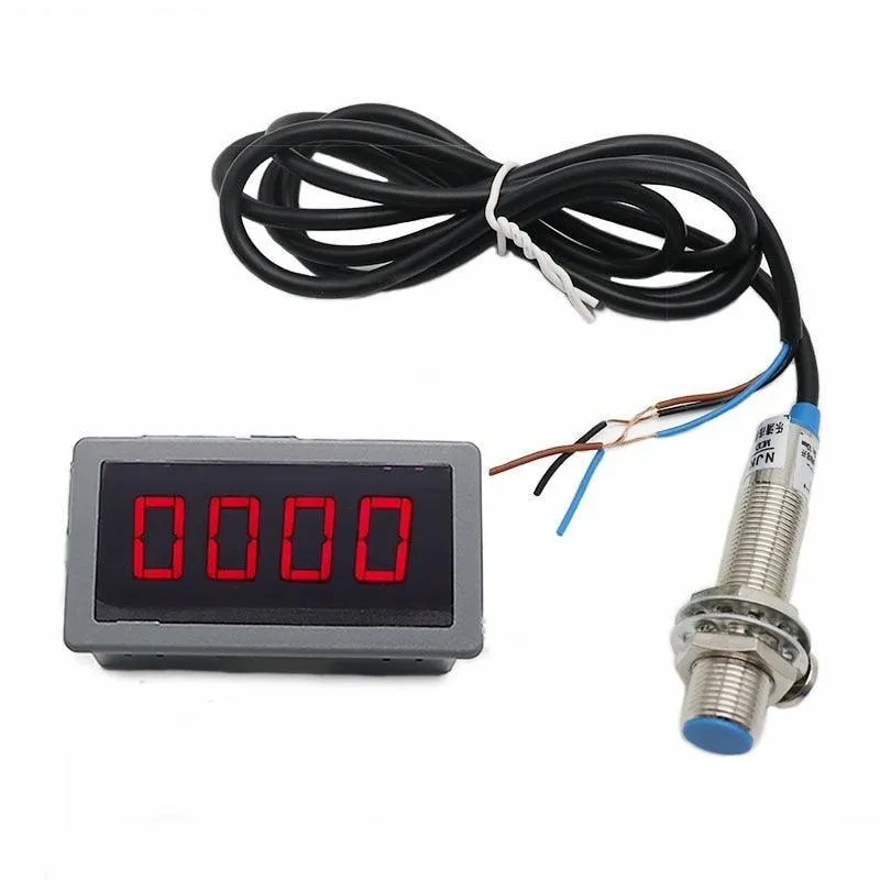 1Set 12V 24V Measuring Gauge 4 Digital Blue/Green/Red LED Tachometer RPM Speed Meter 10-9999RPM Hall Proximity Switch Sensor NPN