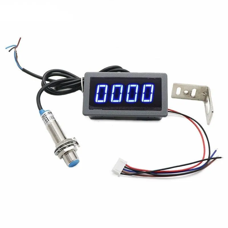 1Set 12V 24V Measuring Gauge 4 Digital Blue/Green/Red LED Tachometer RPM Speed Meter 10-9999RPM Hall Proximity Switch Sensor NPN