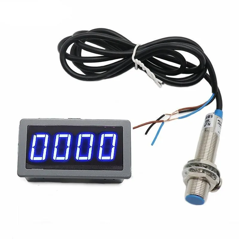 1Set 12V 24V Measuring Gauge 4 Digital Blue/Green/Red LED Tachometer RPM Speed Meter 10-9999RPM Hall Proximity Switch Sensor NPN