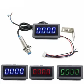 1Set 12V 24V Measuring Gauge 4 Digital Blue/Green/Red LED Tachometer RPM Speed Meter 10-9999RPM Hall Proximity Switch Sensor NPN