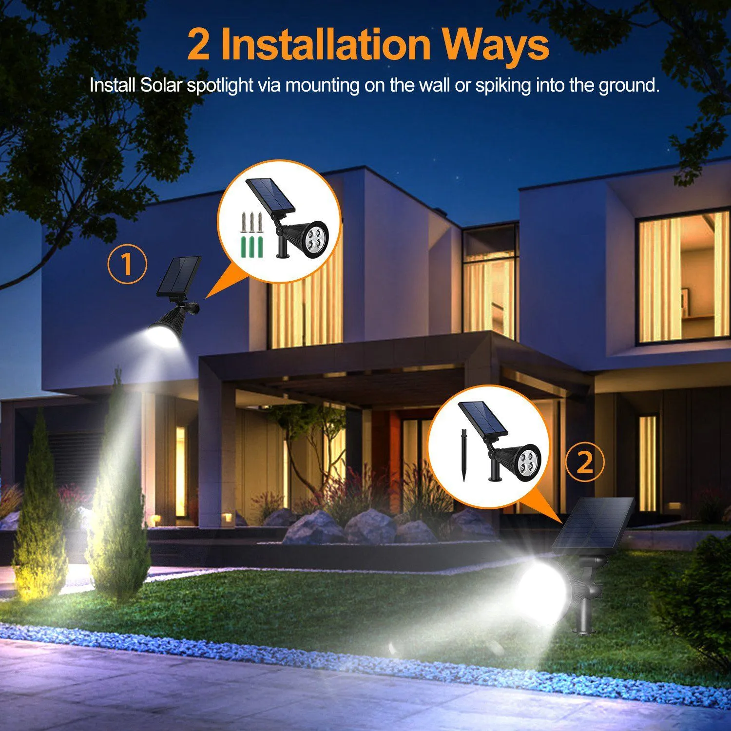 2-Piece: Solar Spotlight Outdoor Dusk Waterproof