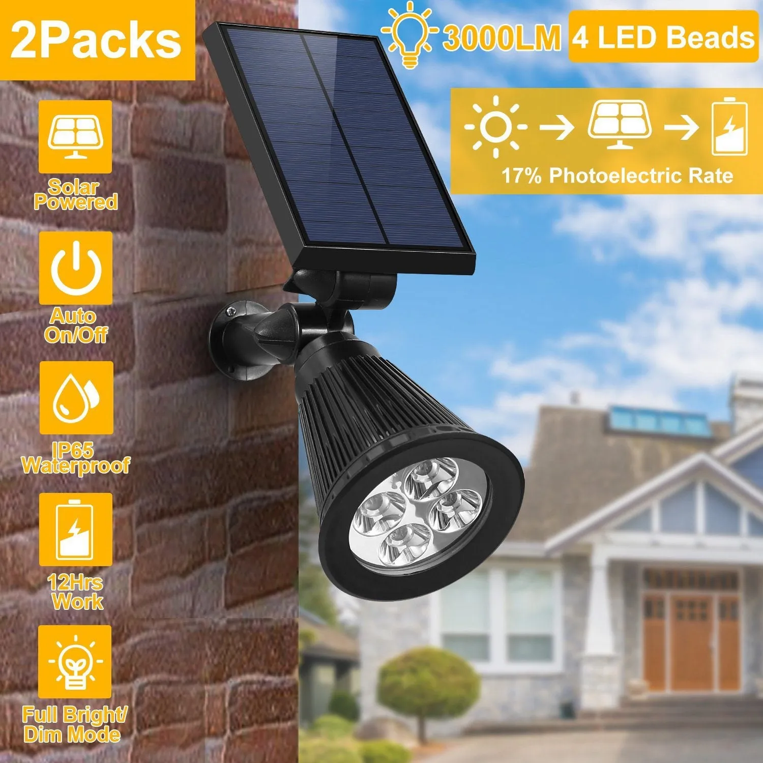 2-Piece: Solar Spotlight Outdoor Dusk Waterproof
