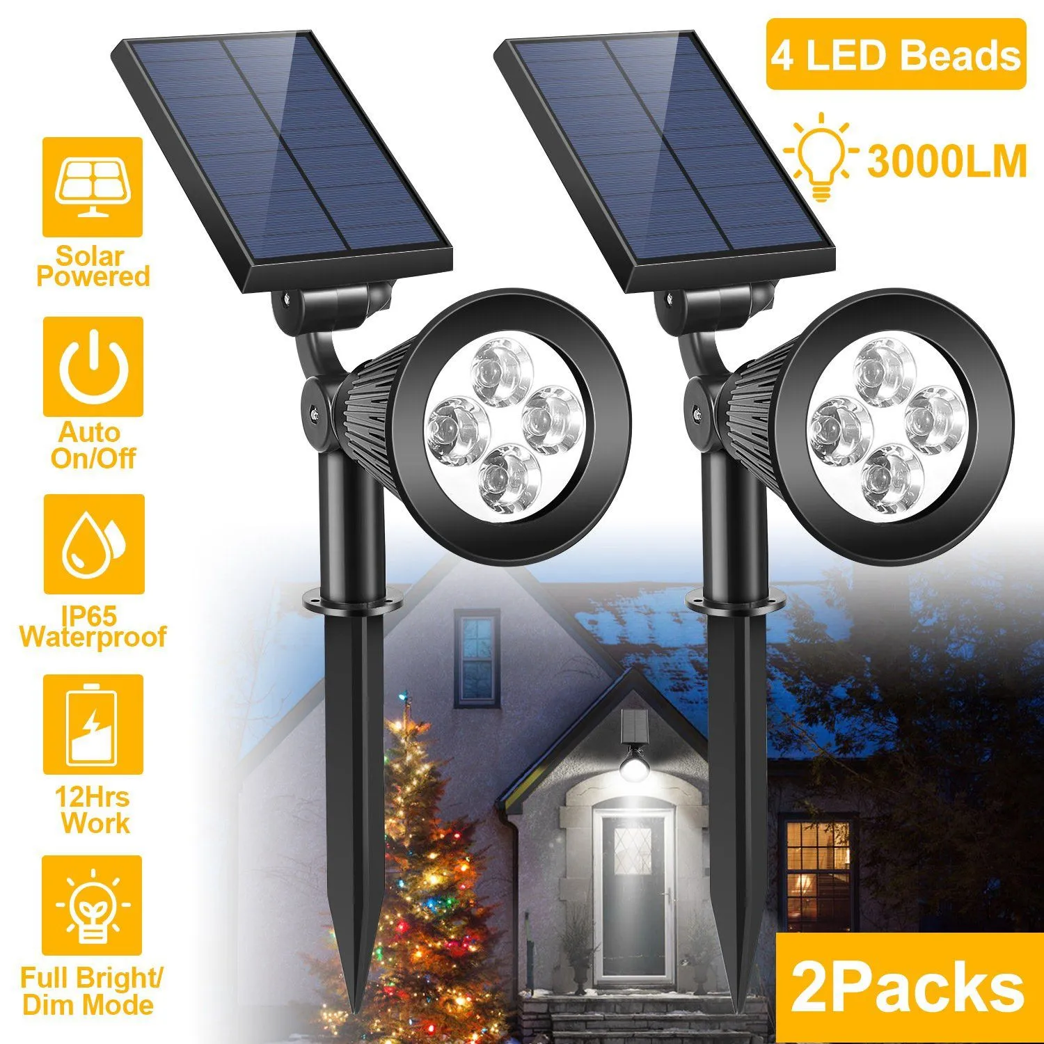 2-Piece: Solar Spotlight Outdoor Dusk Waterproof
