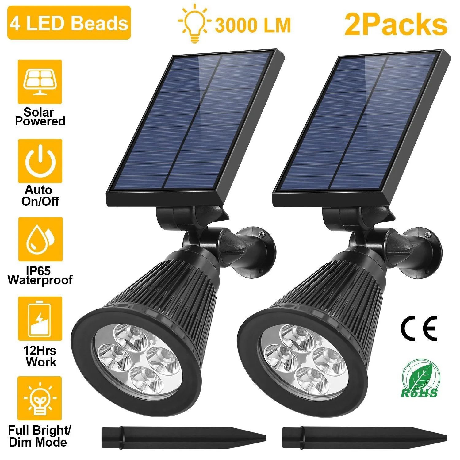 2-Piece: Solar Spotlight Outdoor Dusk Waterproof