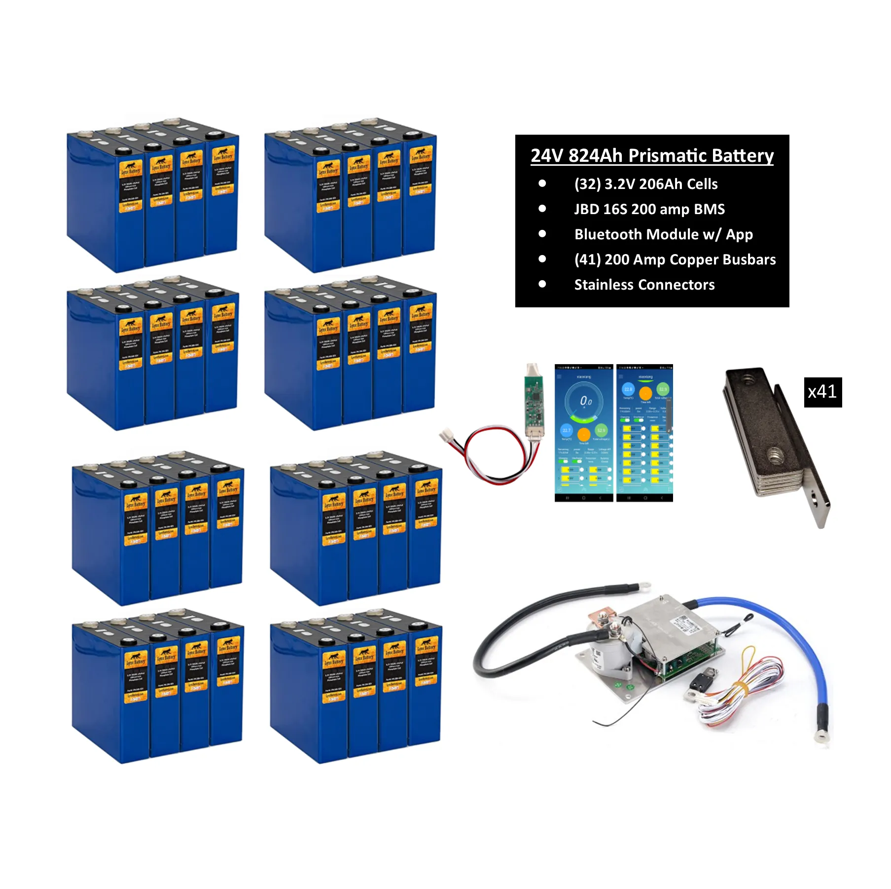 24V 206Ah Lithium Iron Phosphate (LiFePO4) Prismatic Battery with 200A BMS
