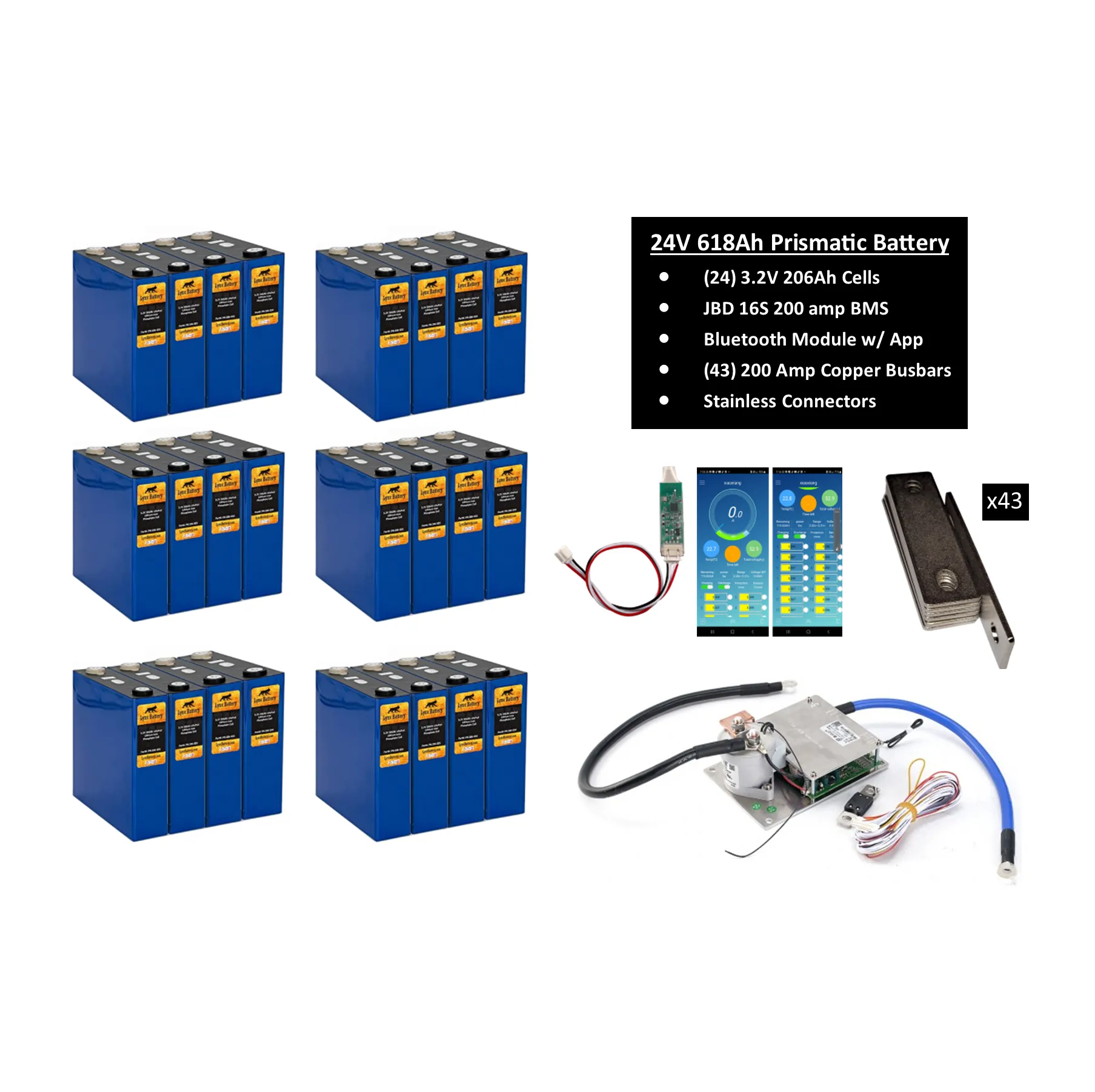 24V 206Ah Lithium Iron Phosphate (LiFePO4) Prismatic Battery with 200A BMS