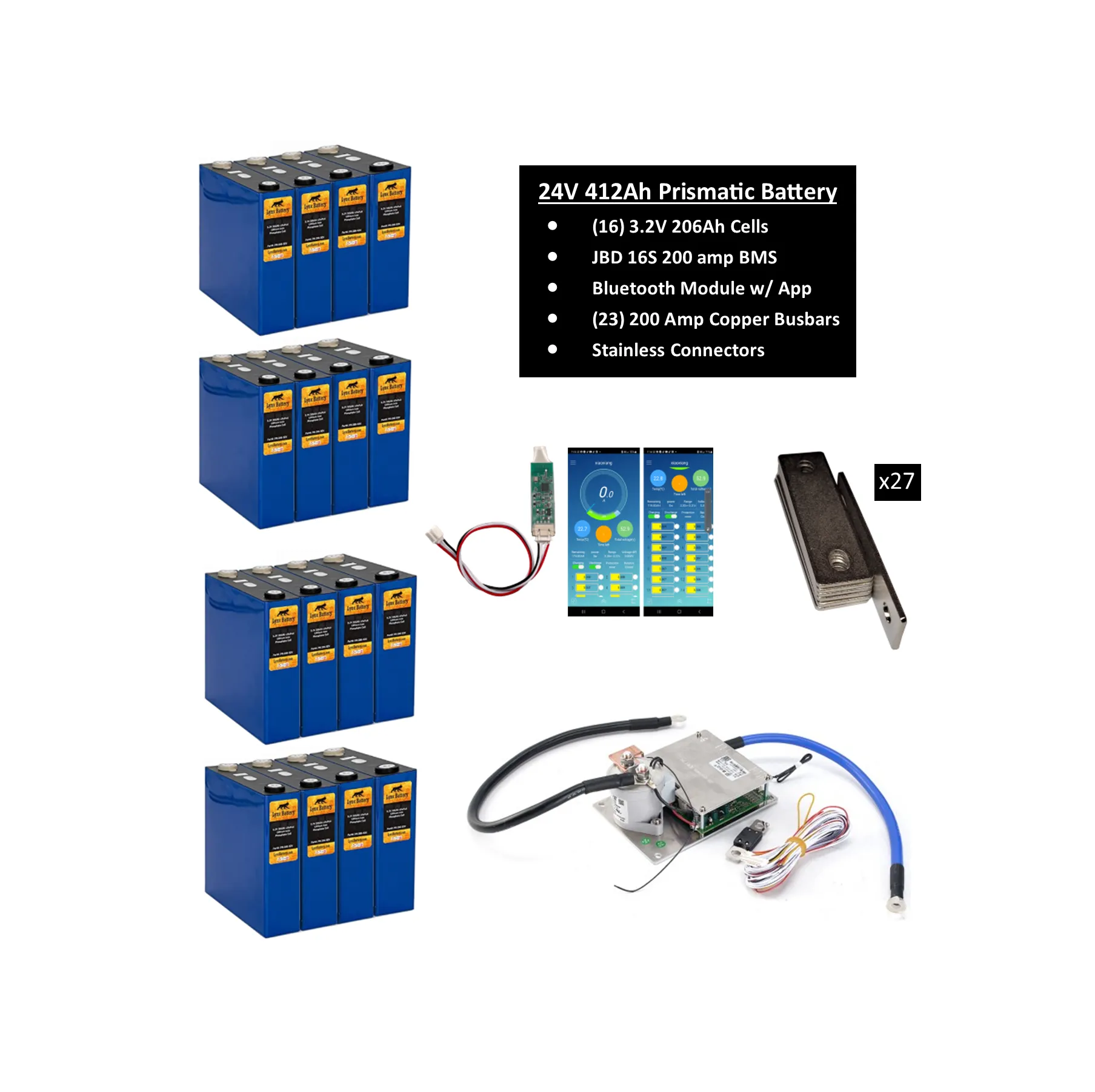 24V 206Ah Lithium Iron Phosphate (LiFePO4) Prismatic Battery with 200A BMS