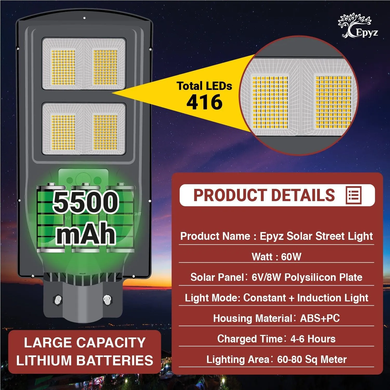 60 Watt Solar Street Lights ( Warm Light )