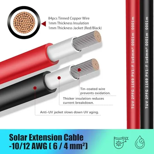 AAKL 20 Feet Solar Extension Cable 10AWG (6mm²) 30A Red & Black Solar Cable PV Wire Male Female Solar Panel Connector Gauge Wire for PV System,Roof Kits,Marine,RV Solar Cable Connector