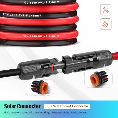 AAKL 20 Feet Solar Extension Cable 10AWG (6mm²) 30A Red & Black Solar Cable PV Wire Male Female Solar Panel Connector Gauge Wire for PV System,Roof Kits,Marine,RV Solar Cable Connector