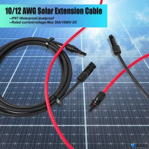 AAKL 20 Feet Solar Extension Cable 10AWG (6mm²) 30A Red & Black Solar Cable PV Wire Male Female Solar Panel Connector Gauge Wire for PV System,Roof Kits,Marine,RV Solar Cable Connector