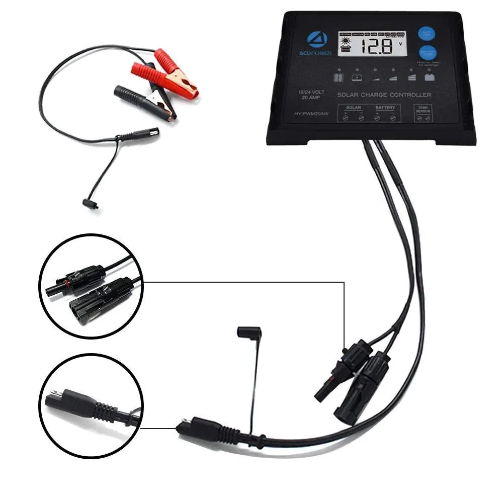 ACOPower 20A ProteusX Waterproof PWM Solar Charge Controller with Alligator Clips and MC4 Connectors