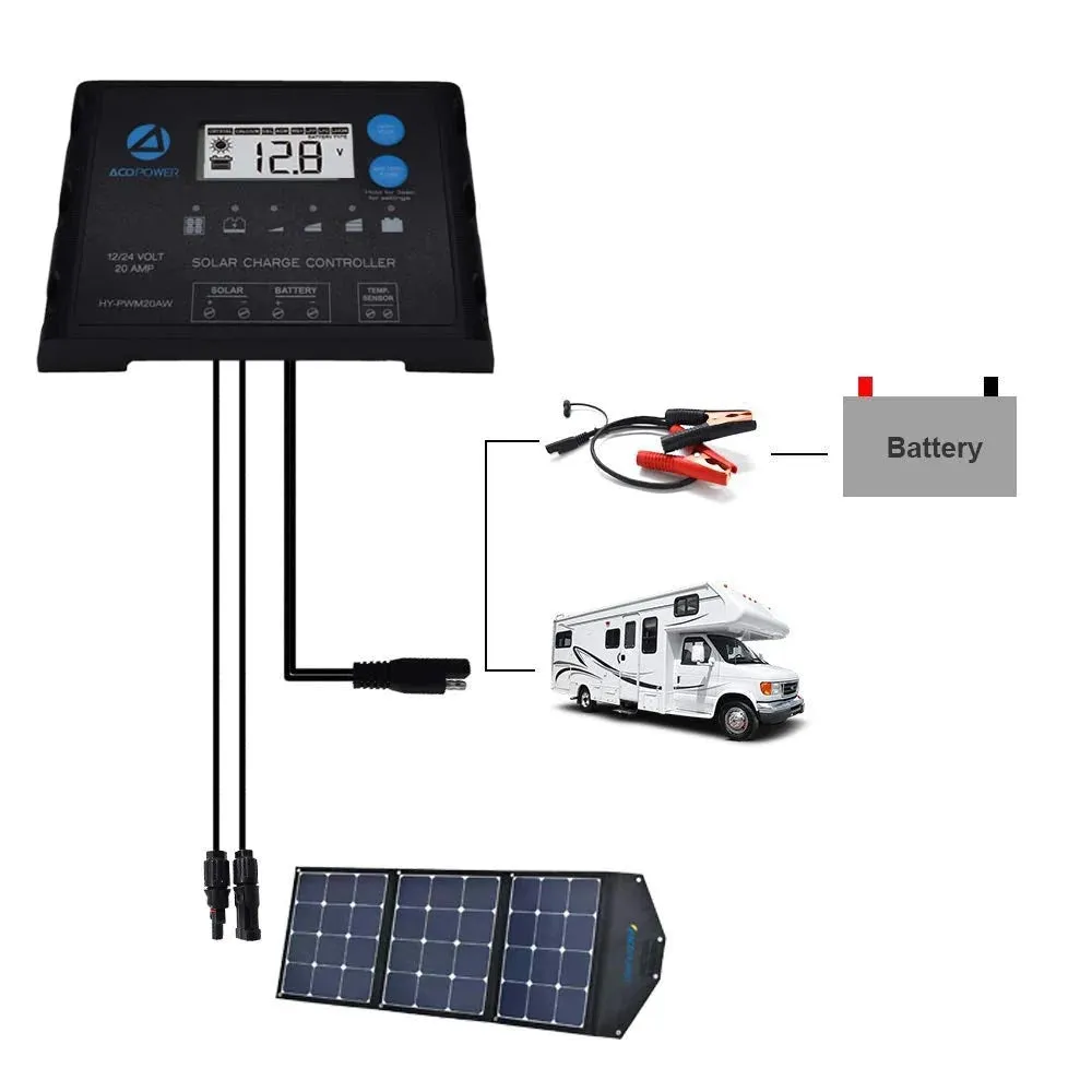 ACOPower 20A ProteusX Waterproof PWM Solar Charge Controller with Alligator Clips and MC4 Connectors