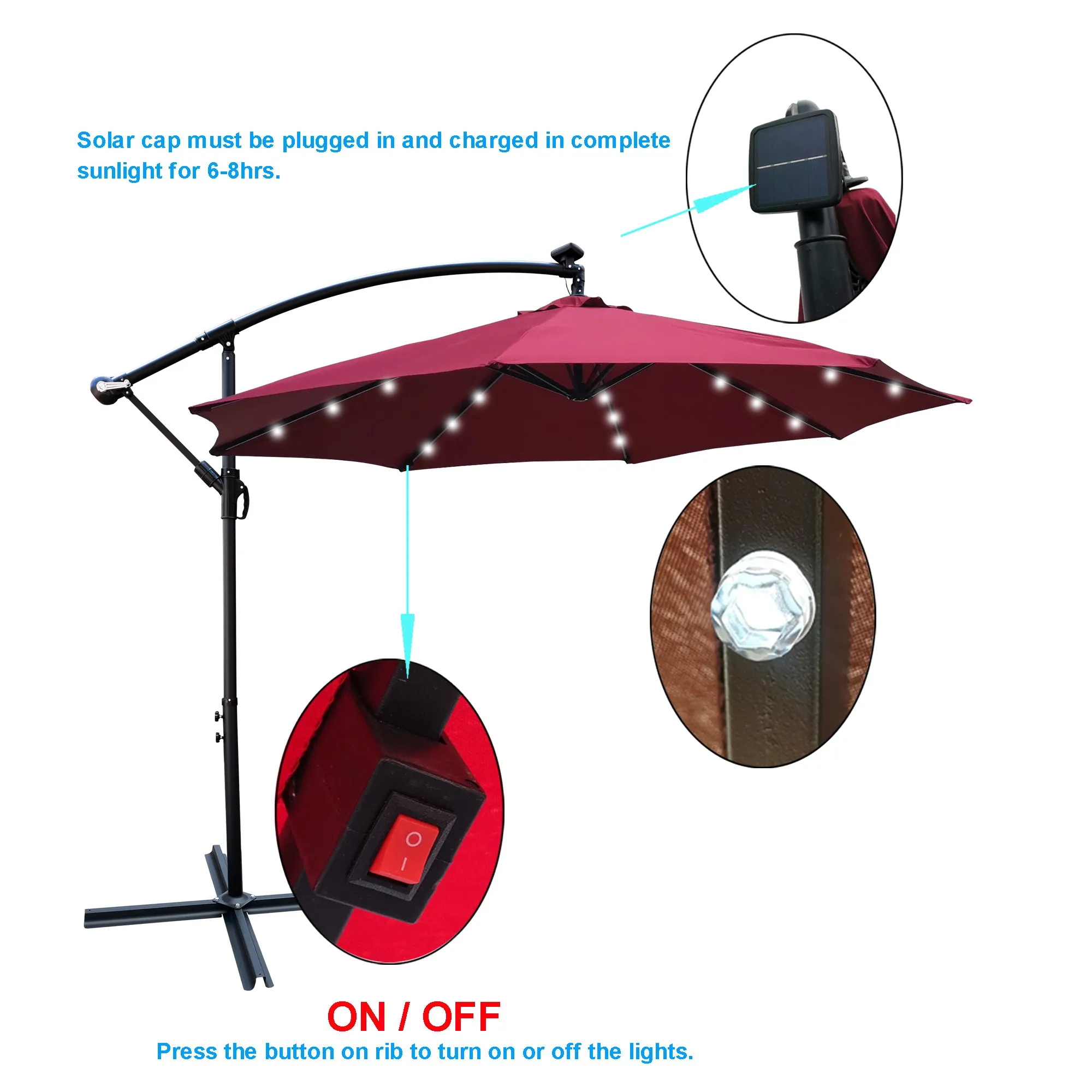 Alexa 10 ft Outdoor Umbrella Solar LED with Cross Base - Burgundy
