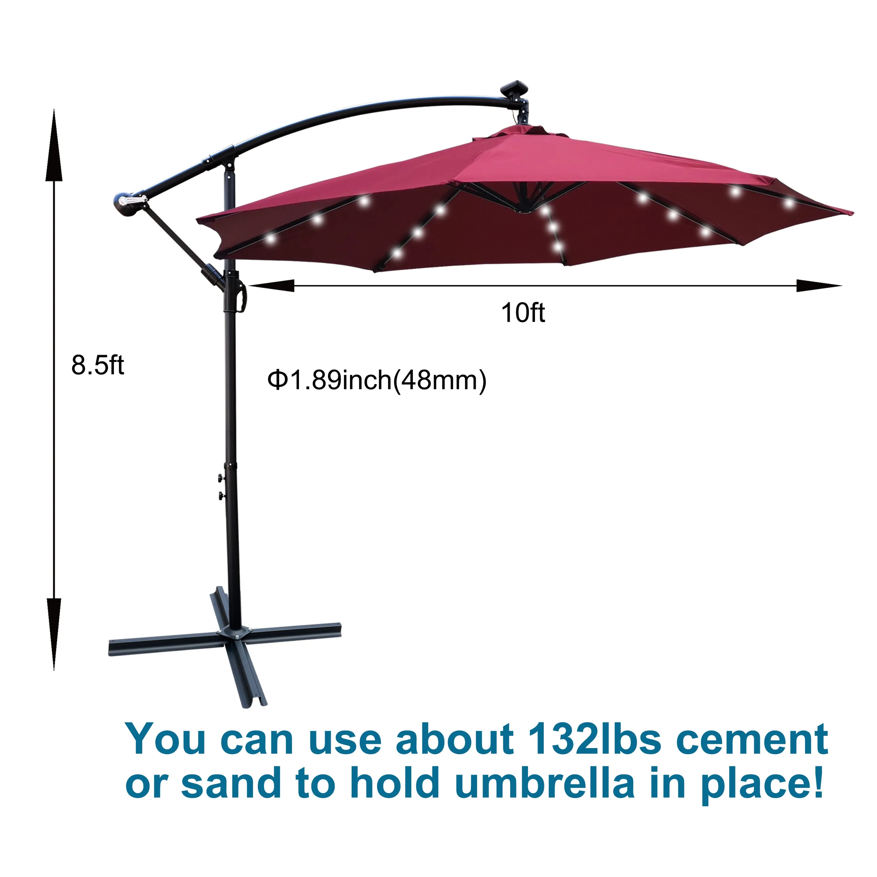 Alexa 10 ft Outdoor Umbrella Solar LED with Cross Base - Burgundy