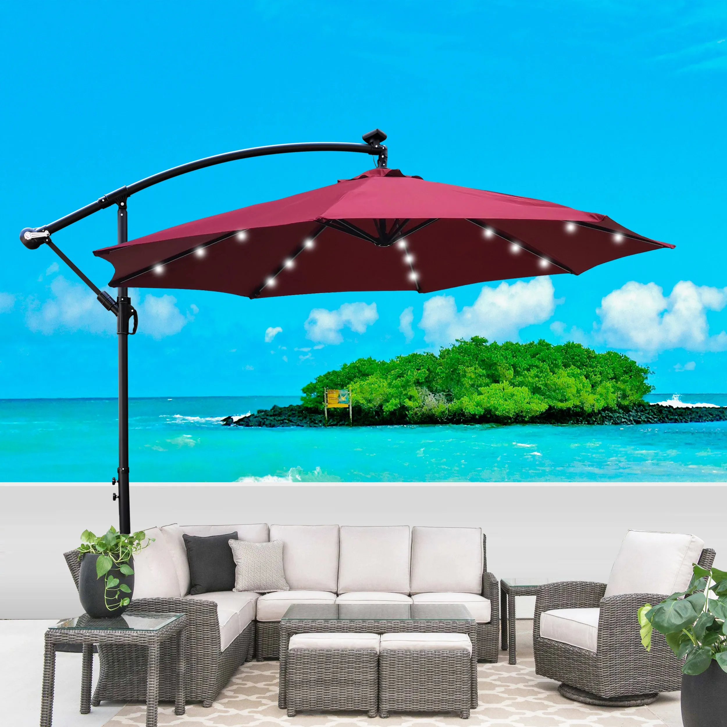 Alexa 10 ft Outdoor Umbrella Solar LED with Cross Base - Burgundy