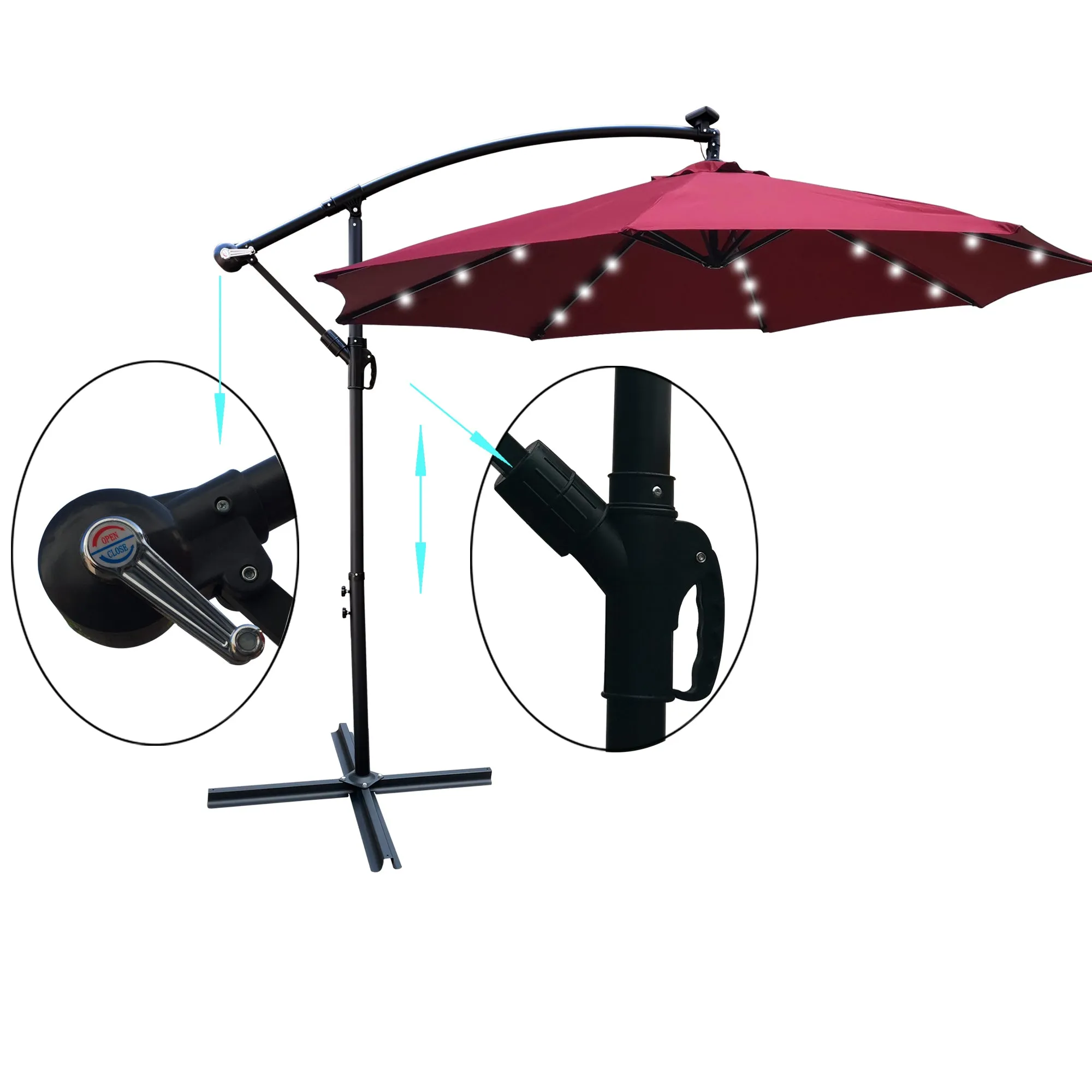 Alexa 10 ft Outdoor Umbrella Solar LED with Cross Base - Burgundy