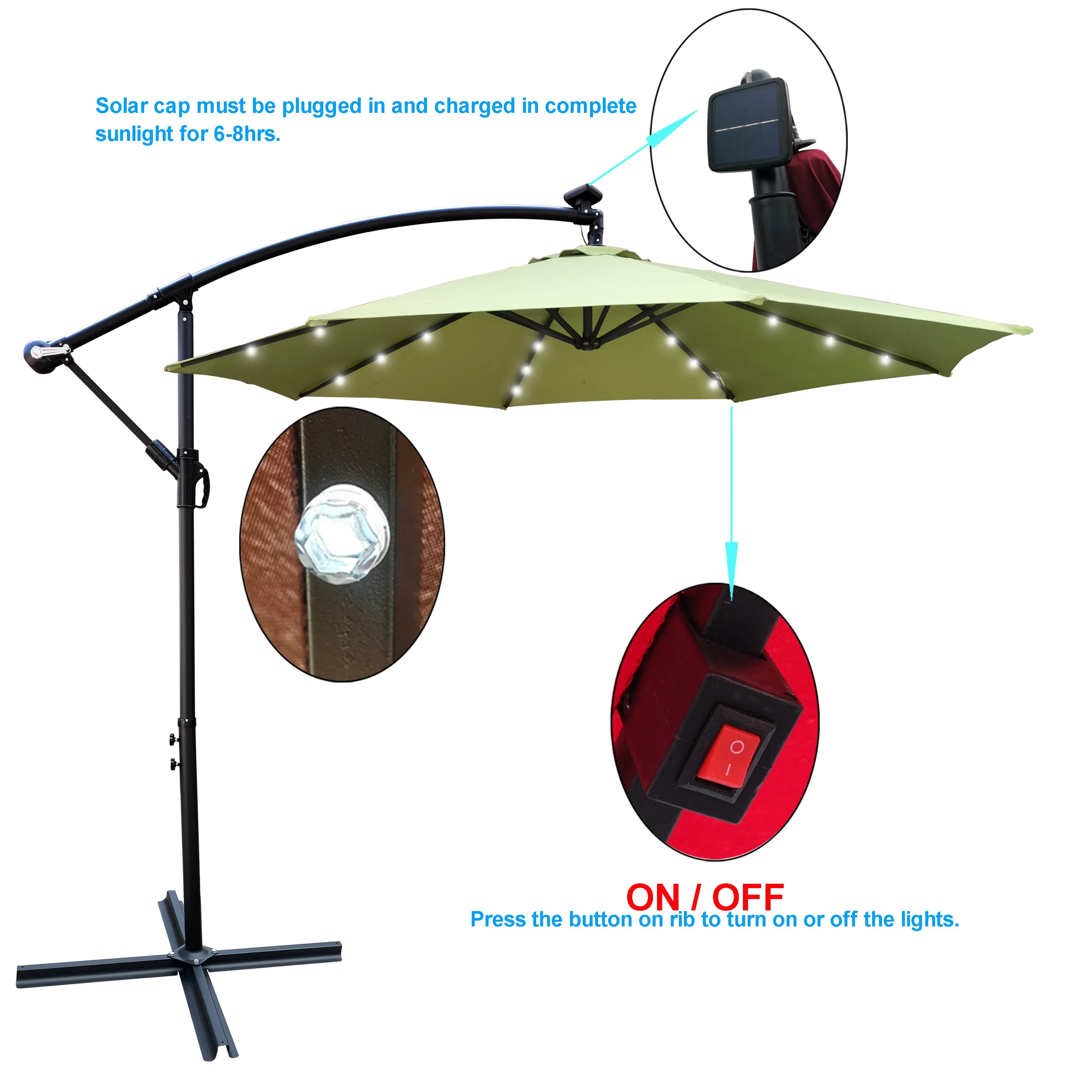 Alexa 10 ft Outdoor Umbrella Solar LED with Cross Base - Lime Green