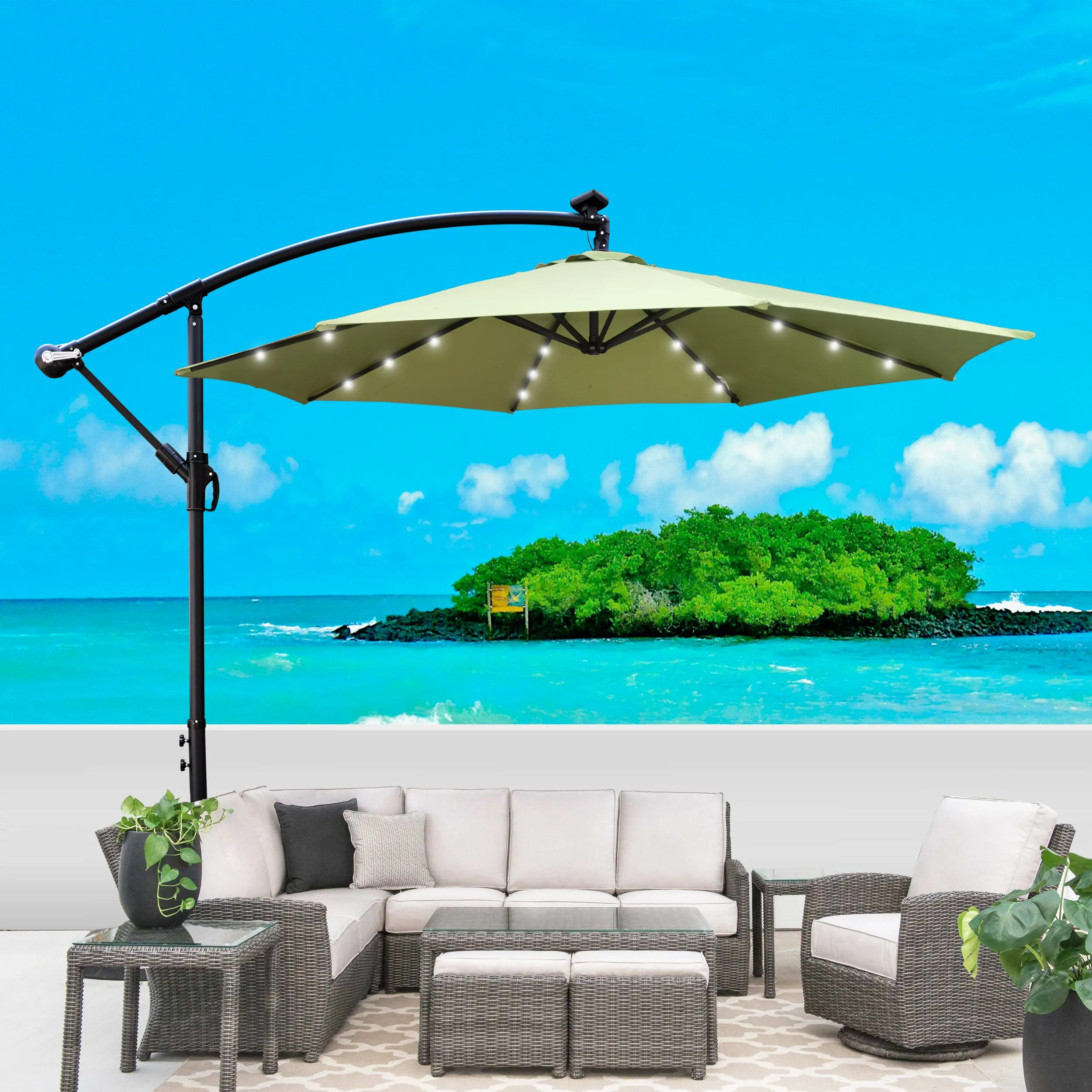 Alexa 10 ft Outdoor Umbrella Solar LED with Cross Base - Lime Green
