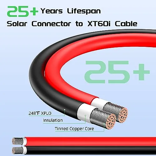 Bateria Power Solar to XT60i Charge Extension Cable 25FT 10AWG, Solar Connector to XT60 Adapter Wire Connecting for Foldable Solar Panel to Portable Power Station Solar Generator (XT60I-F 10AWG 25FT)
