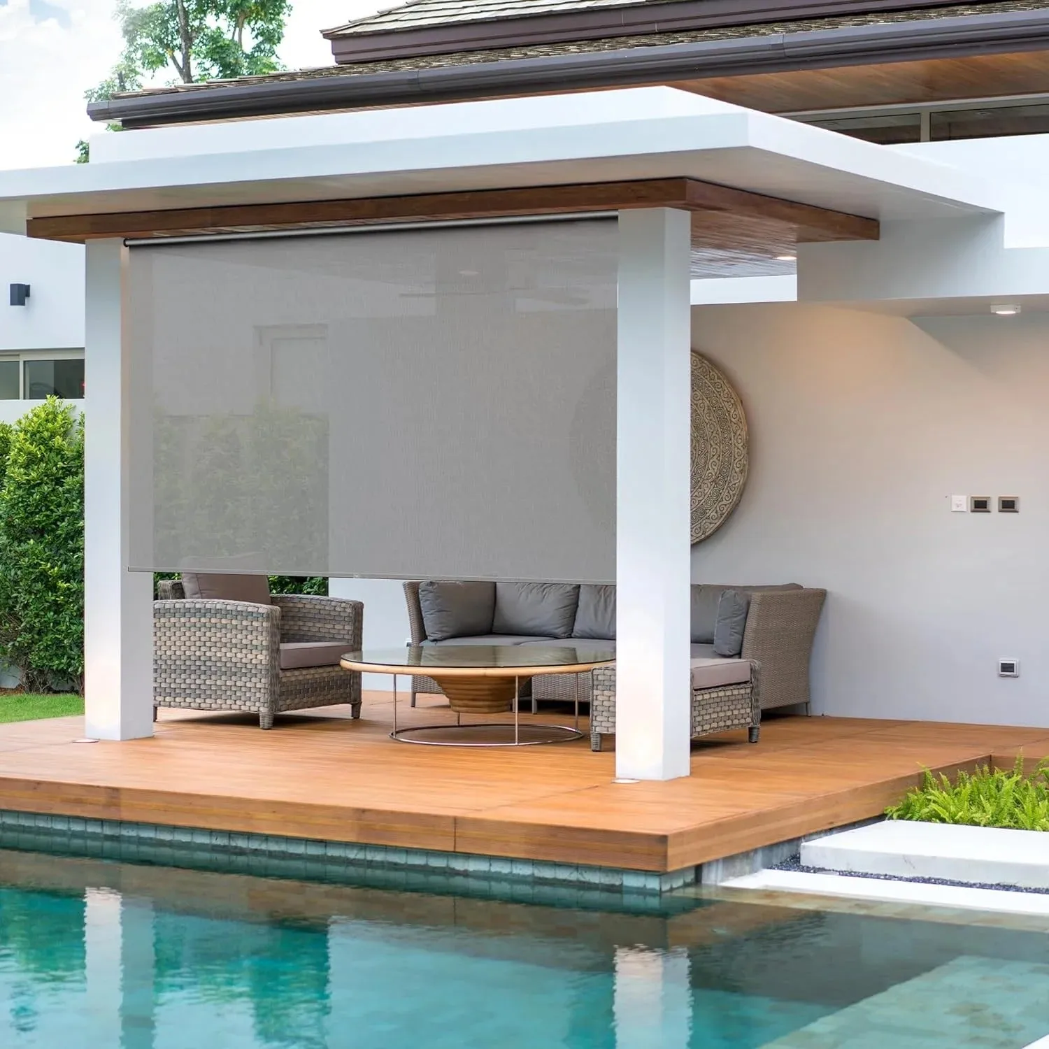 CozyHom Outdoor Roller Shades, 420GSM 95% Blackout Cordless Patio Roller Blinds with Pole, Waterproof Blinds Roll Up for Gazebo Porch, Deck, Pergola