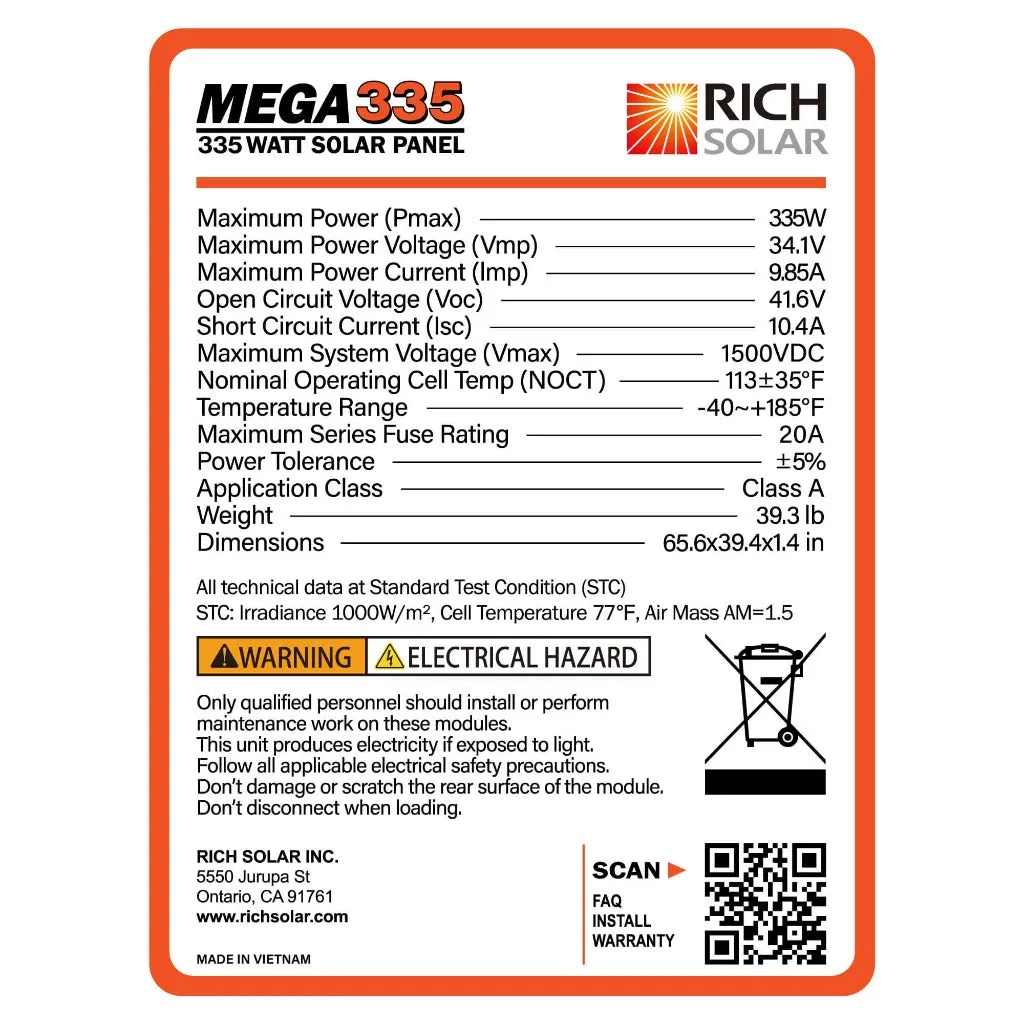 MEGA 335 Watt Monocrystalline Solar Panel | High Efficiency | Best Panel for Grid-Tie and Off-Grid
