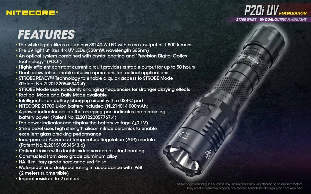 Nitecore P20i UV compact 1800 lumen USB-C rechargeable LED torch with UV output