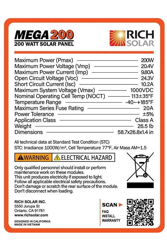 Rich Solar Mega 200 Watt 12 Volt Solar Panel