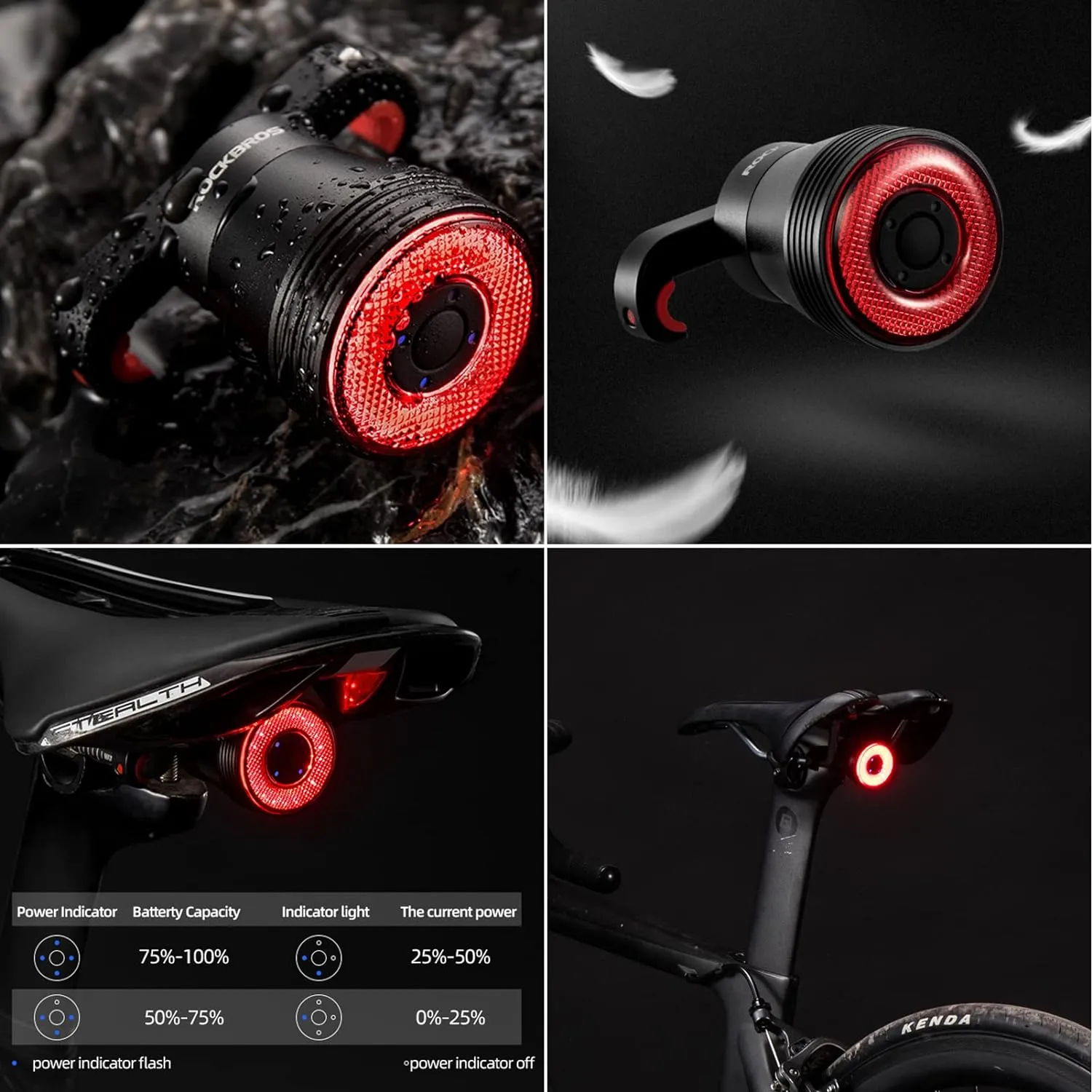 ROCKBROS Bike Tail Light Smart USB Rechargeable IPX6 Waterproof