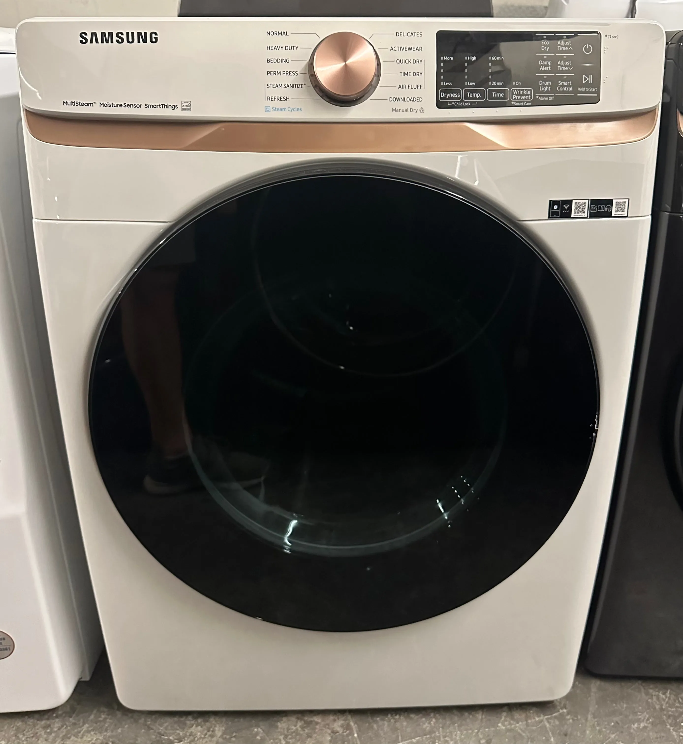 Samsung DVE50BG8300E 27 Inch Electric Dryer with 7.5 cu. ft. Capacity, Steam Sanitize , Sensor Dry, Vent Sensor, Smart Care, Wi-Fi, 21 Drying Cycles, Quick Dry, Wrinkle Prevent, ADA Compliant, and ENERGY STAR® Certified: Ivory