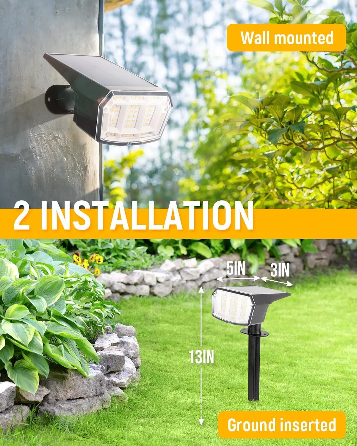 Solar Spot Lights Outdoor Waterproof IP65, 63 LED 3 Lighting Modes Wall Lights Illuminate Yard Garden House Garage-2 Pack