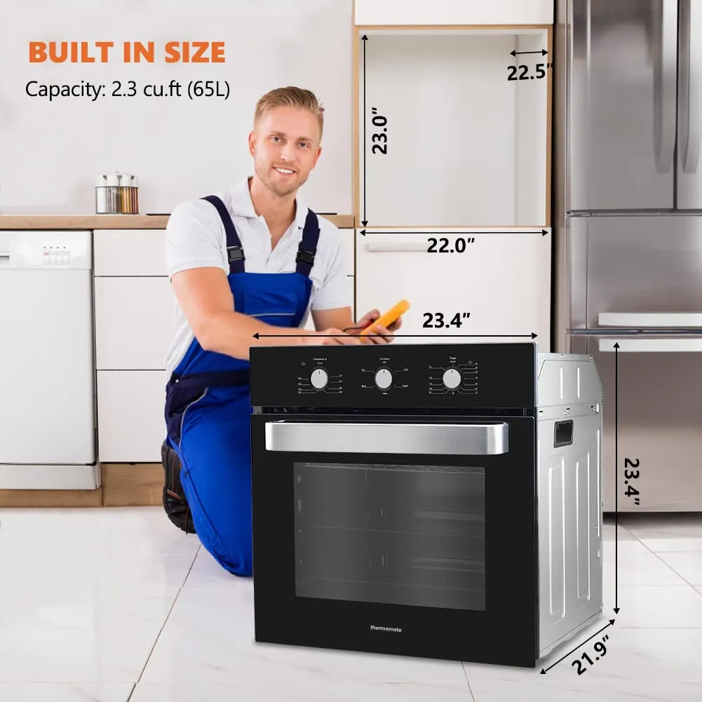 Thermomate 24 Inch Electric Wall Oven, 5 Cooking Functions Black Glass