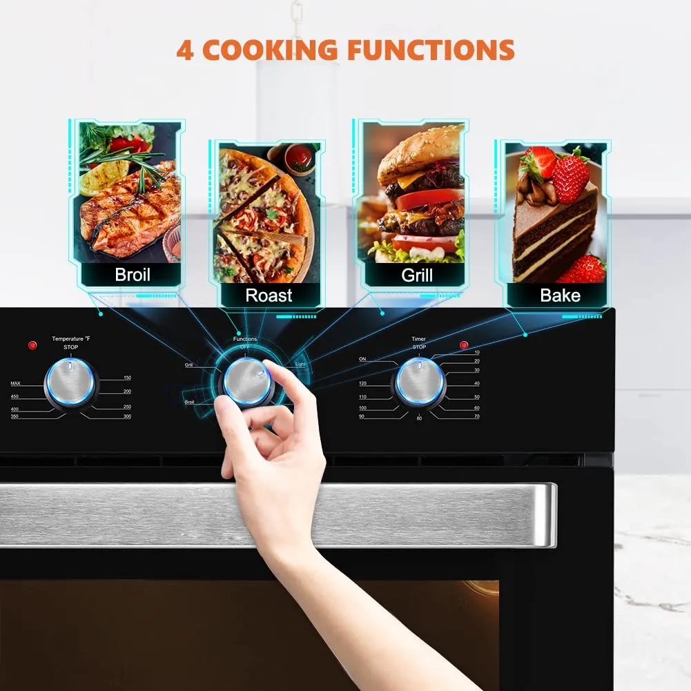 Thermomate 24 Inch Electric Wall Oven, 5 Cooking Functions Black Glass