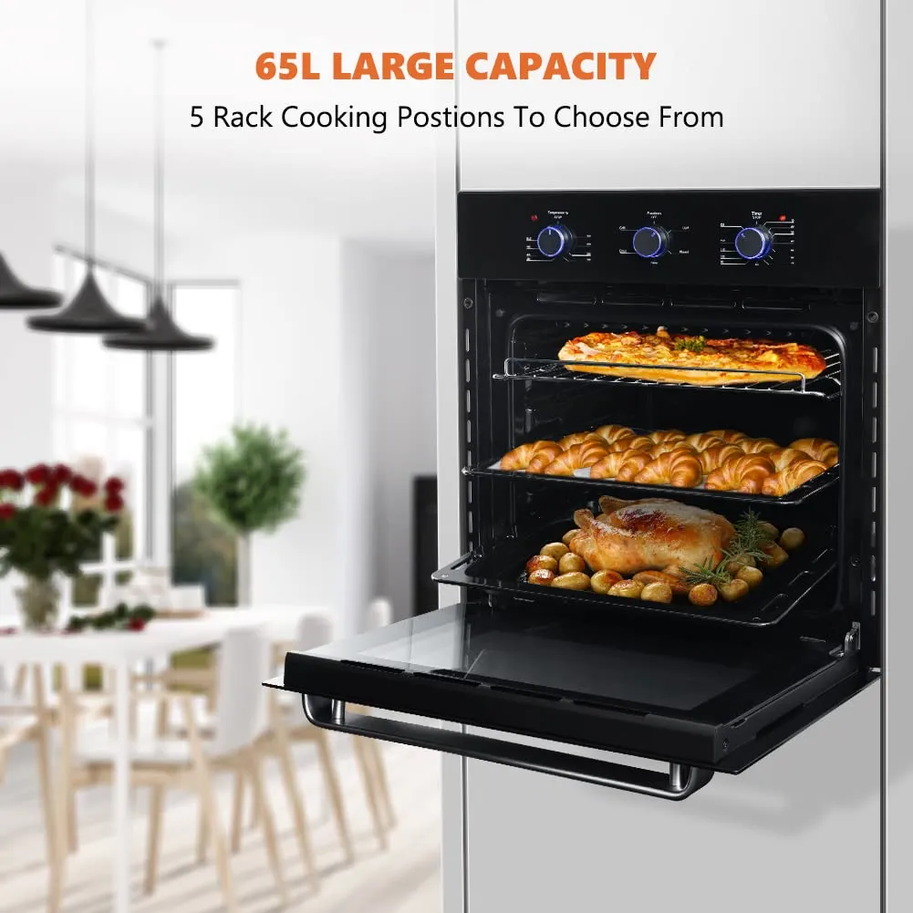Thermomate 24 Inch Electric Wall Oven, 5 Cooking Functions Black Glass
