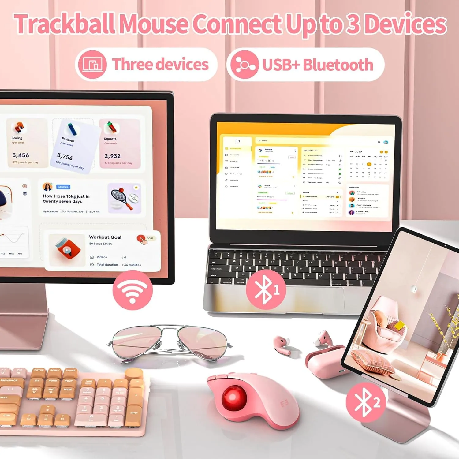 Wireless Trackball Mouse, Bluetooth Ergonomic Mouse - Rollerball Mouse Rechargeable Multi Devices Usb/Bluetooth Connection Thumb Control Mouse Compatible for Mac/Android/Windows Computers, Pink